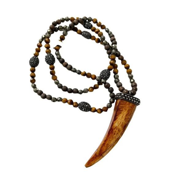 Handmade Jewelry - Tiger Eye Pyrite Wood Crystal Horn Pendant Necklace